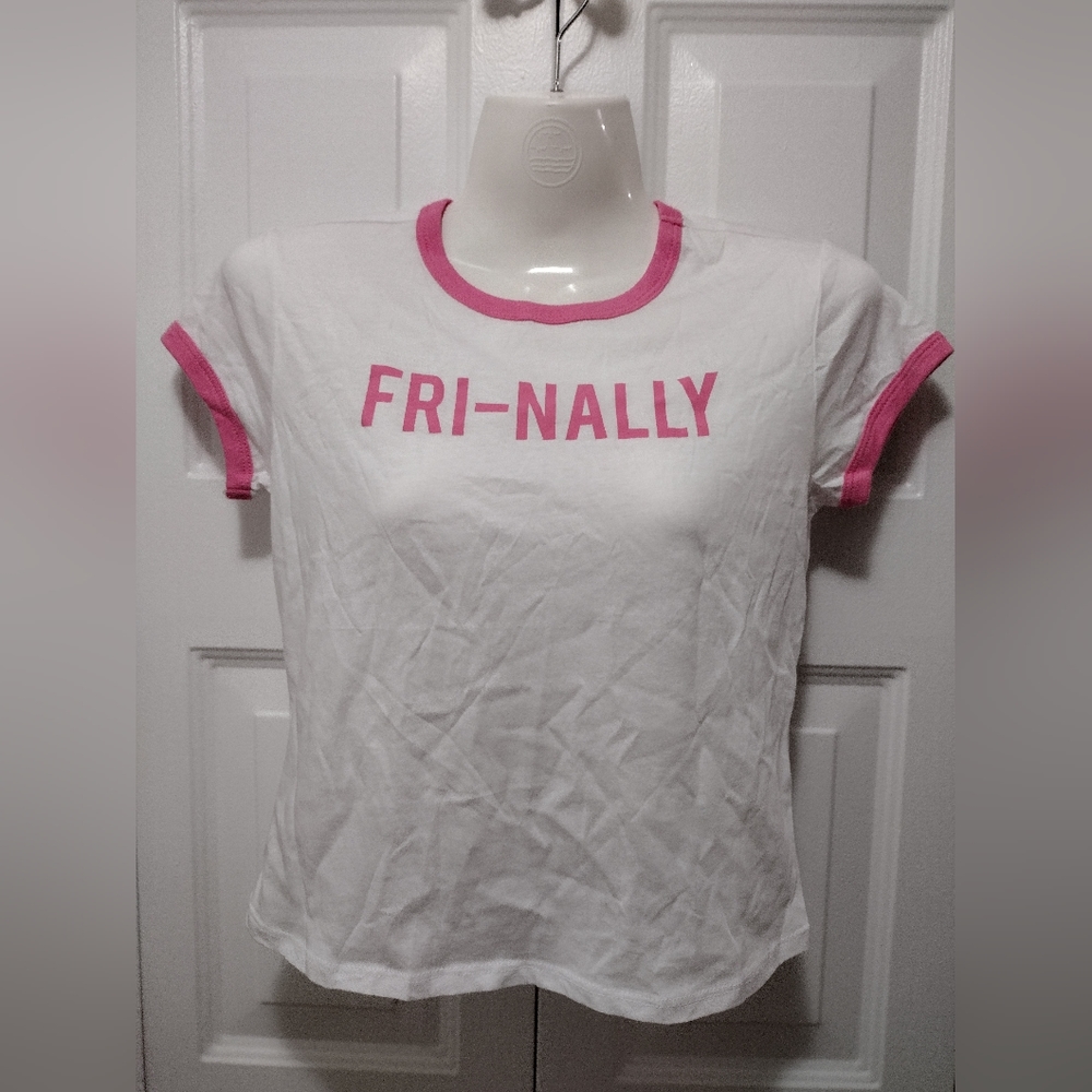 Garage FRI-NALLY Cropped Baby Tee Pink/White XS NWT